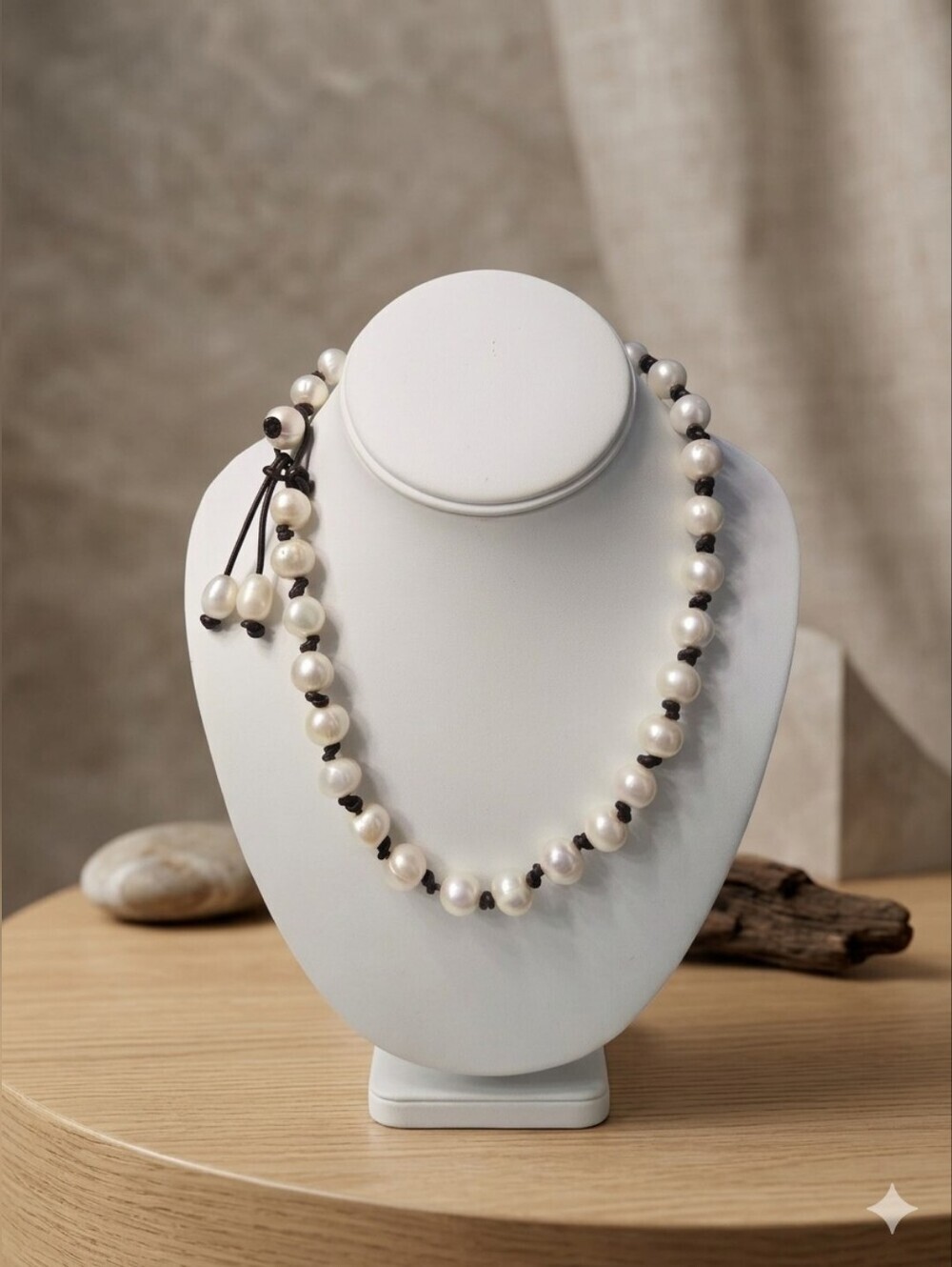 White Pearl Necklace with Brown Accents Ajustable